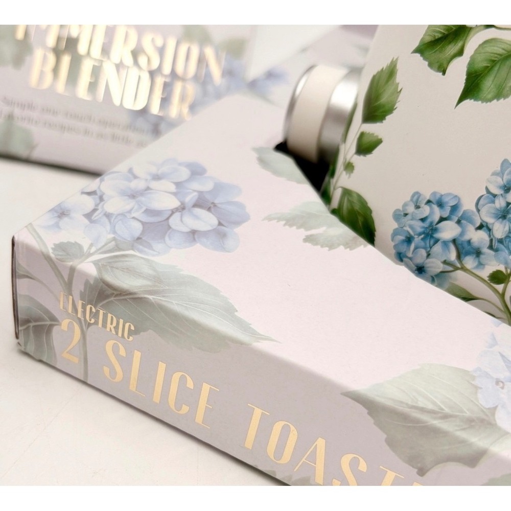 DwellStudio 2 Slice Toaster Blue Hydrangea Floral White Wide Slot New